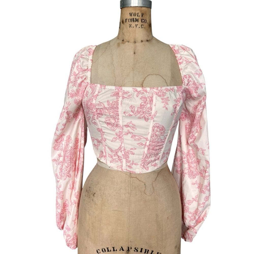 Pink Floral Corset Crop Top with Puff Sleeves Size S